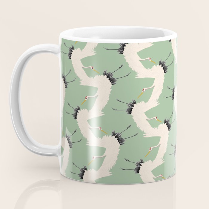 Japanese Cranes on Sage Green Background Coffee Mug Gallery Image 3