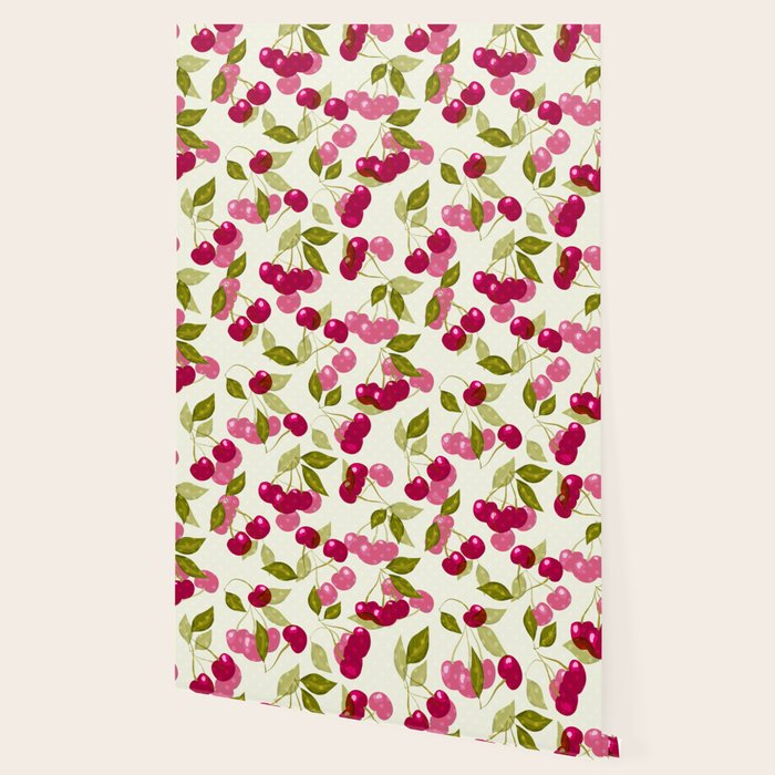 Ripe red and pink cherry berries retro rustic pattern Wallpaper Gallery Image 2