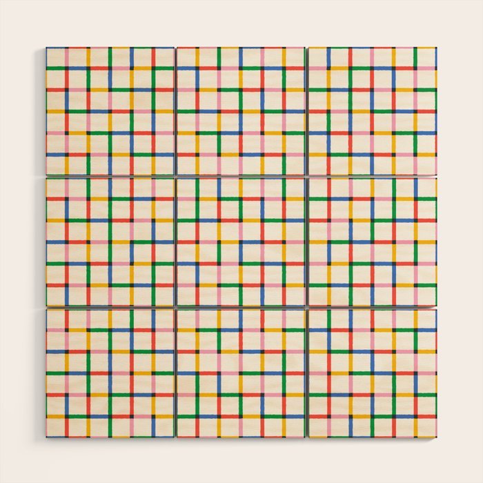 Colorful geometric square mosaic grid pattern Wood Wall Art Gallery Image 1
