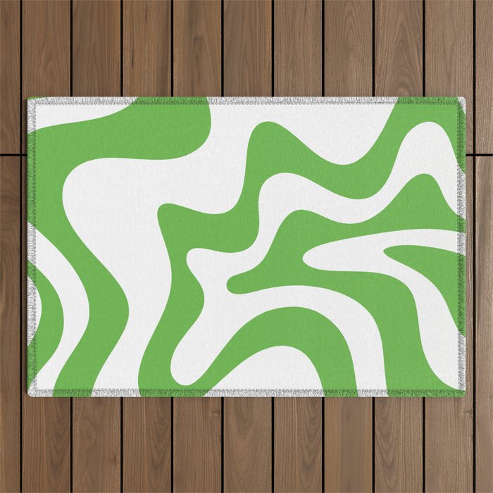 Retro Liquid Swirl Abstract Square in Bright Lime Green and White Outdoor Rug Gallery Image 1