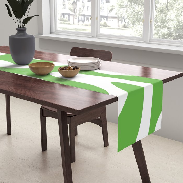 Retro Liquid Swirl Abstract Square in Bright Lime Green and White Table Runner Gallery Image 2