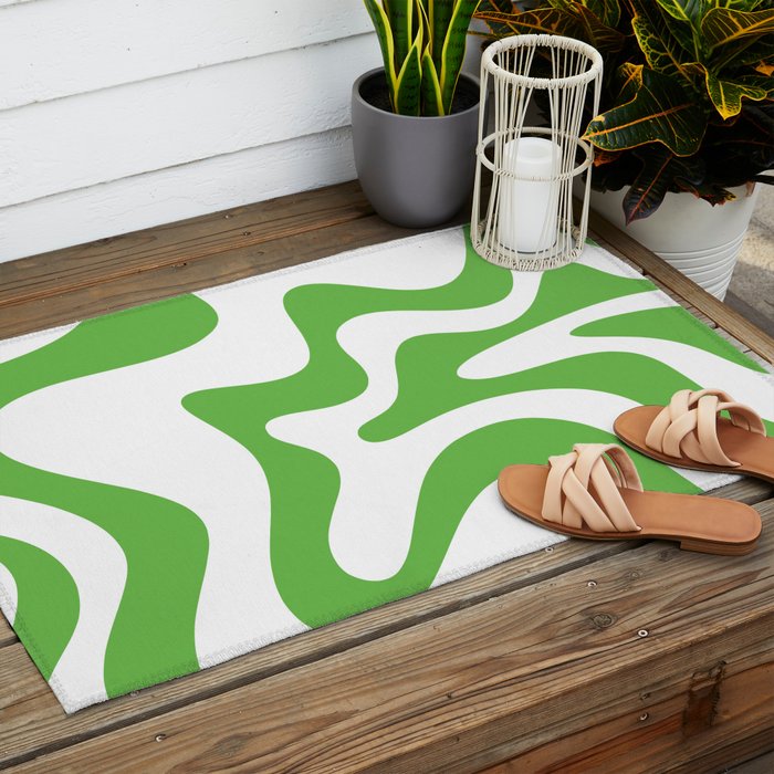 Retro Liquid Swirl Abstract Square in Bright Lime Green and White Outdoor Rug Gallery Image 2
