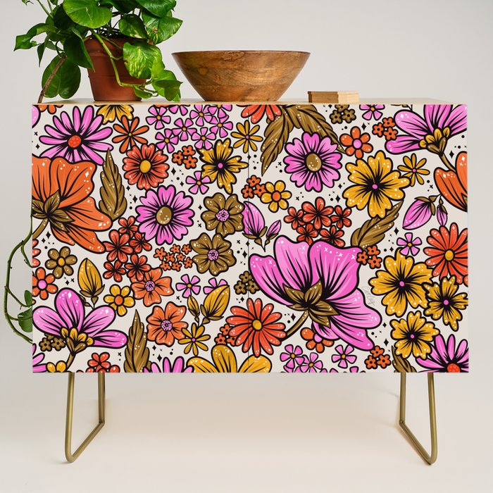 Retro Flower Power - Pink & Red Credenza Gallery Image 1