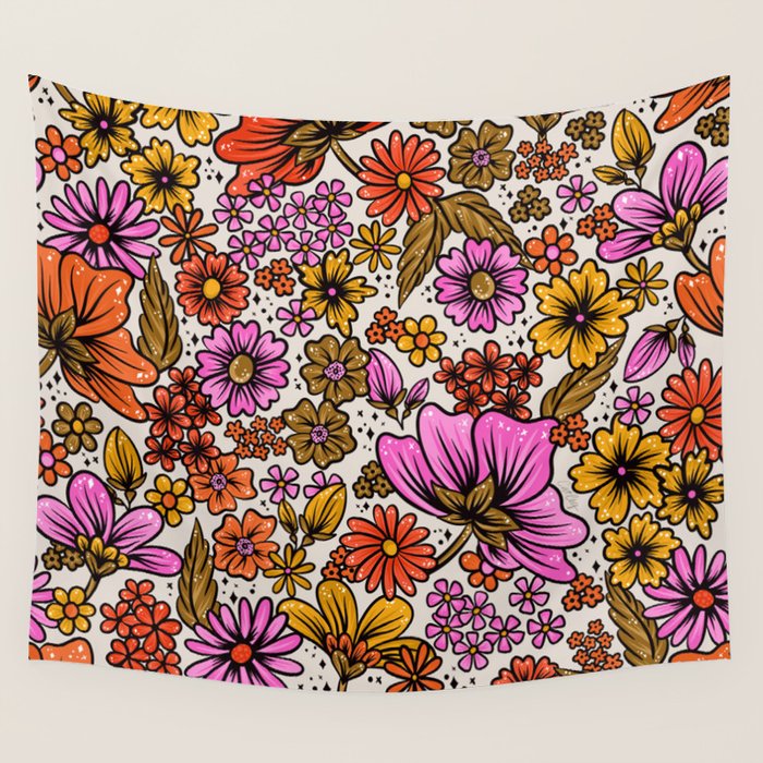 Retro Flower Power - Pink & Red Wall Tapestry Gallery Image 1