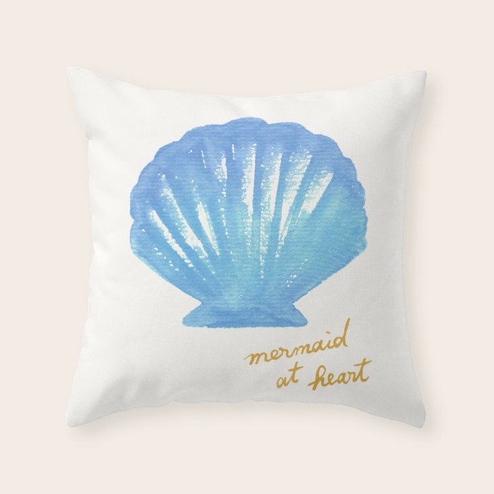 Mermaid at Heart - Blue Shell Watercolor Painting Throw Pillow Gallery Image 1
