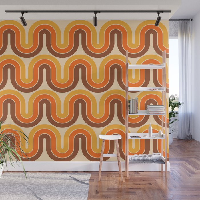 70s Retro Vintage Style Wave Pattern Autumn Brown Orange and Yellow Wall Mural Gallery Image 1