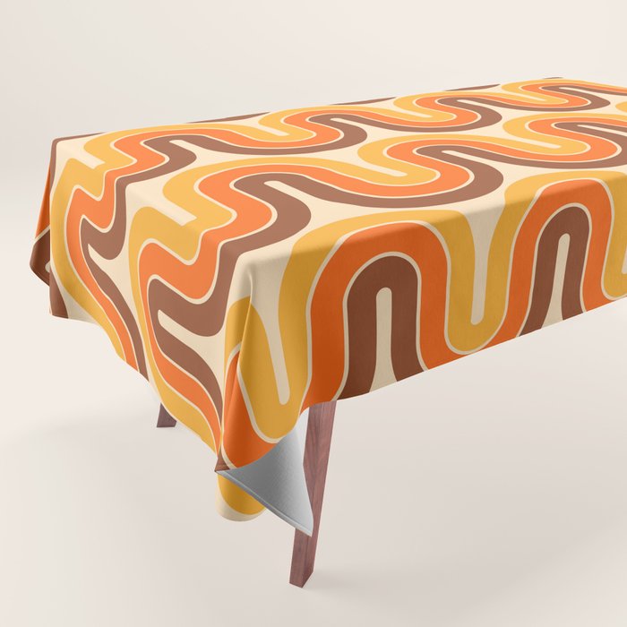 70s Retro Vintage Style Wave Pattern Autumn Brown Orange and Yellow Tablecloth Gallery Image 1