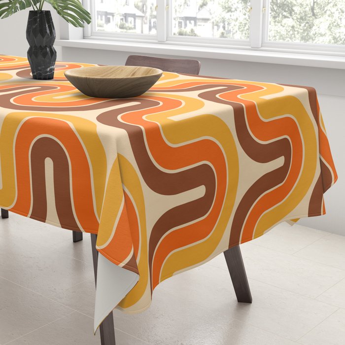 70s Retro Vintage Style Wave Pattern Autumn Brown Orange and Yellow Tablecloth Gallery Image 3