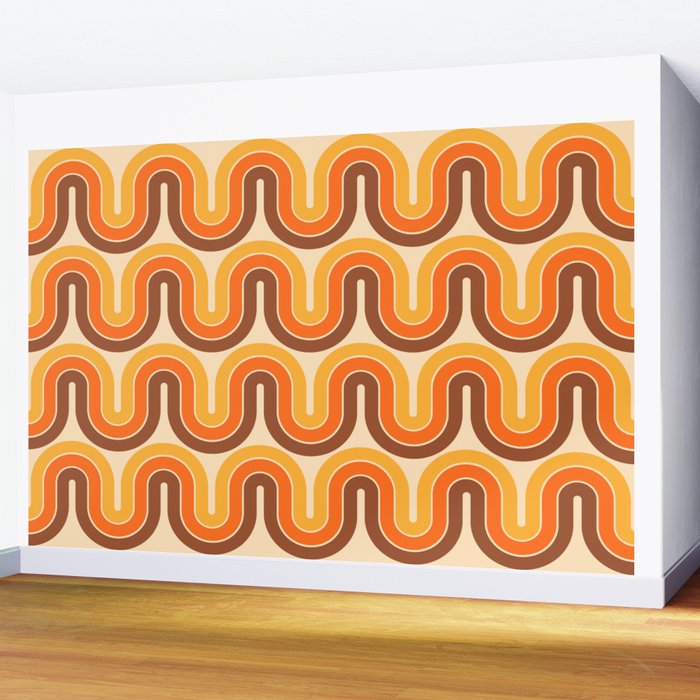 70s Retro Vintage Style Wave Pattern Autumn Brown Orange and Yellow Wall Mural Gallery Image 2