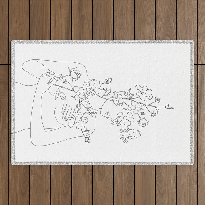 Minimal Line Art Woman with Wild Roses Outdoor Rug Gallery Image 1