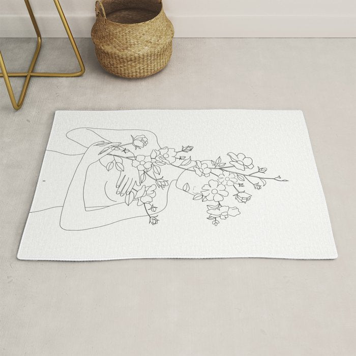 Minimal Line Art Woman with Wild Roses Rug Gallery Image 1