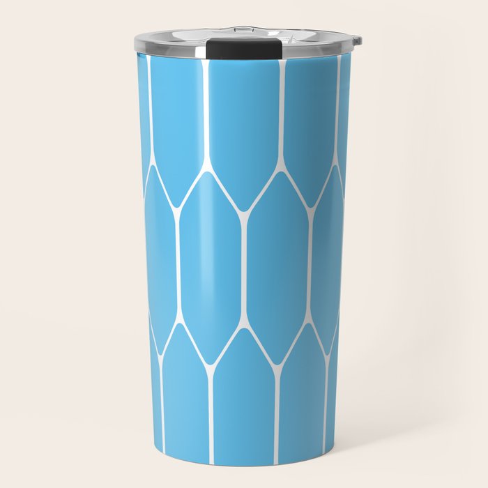 Mid Century Modern Geometric Long Honeycomb Pattern in Blue and White Travel Mug Gallery Image 1