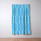 Mid Century Modern Geometric Long Honeycomb Pattern in Blue and White Window Curtain Gallery Image 3