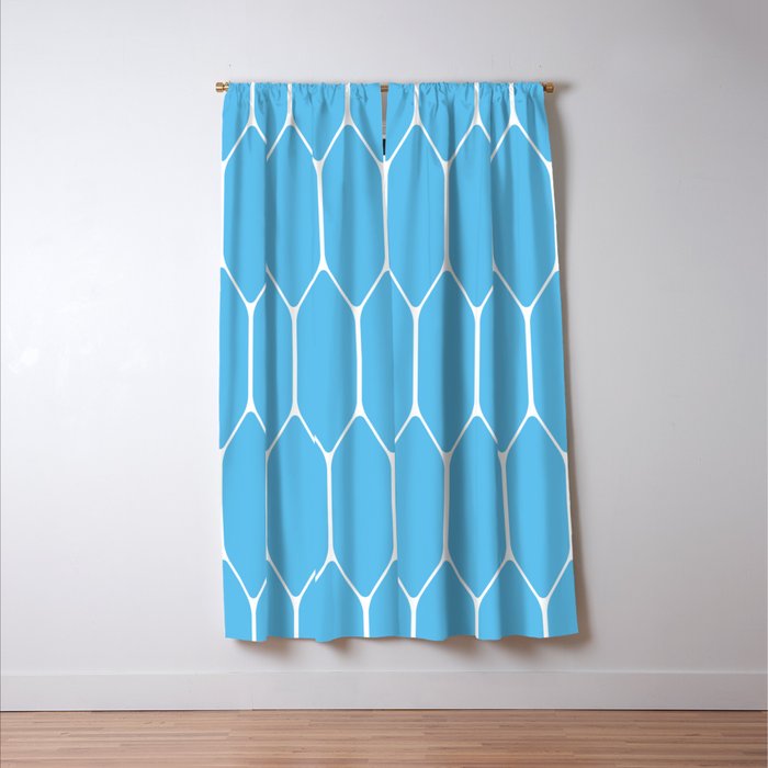 Mid Century Modern Geometric Long Honeycomb Pattern in Blue and White Window Curtain Gallery Image 3