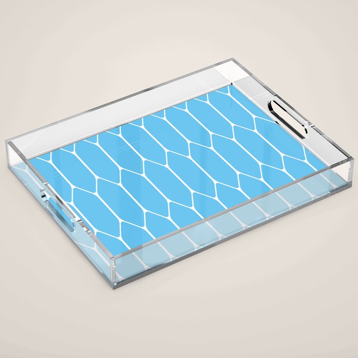 Mid Century Modern Geometric Long Honeycomb Pattern in Blue and White Acrylic Tray Gallery Image 1