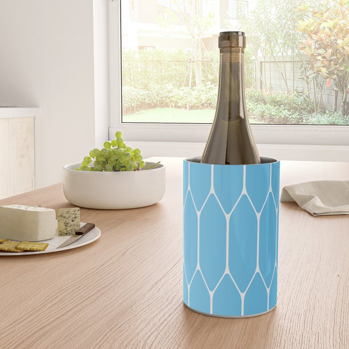 Mid Century Modern Geometric Long Honeycomb Pattern in Blue and White Wine Chiller Gallery Image 4