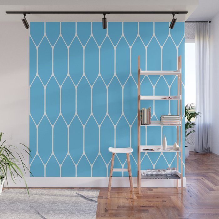 Mid Century Modern Geometric Long Honeycomb Pattern in Blue and White Wall Mural Gallery Image 1