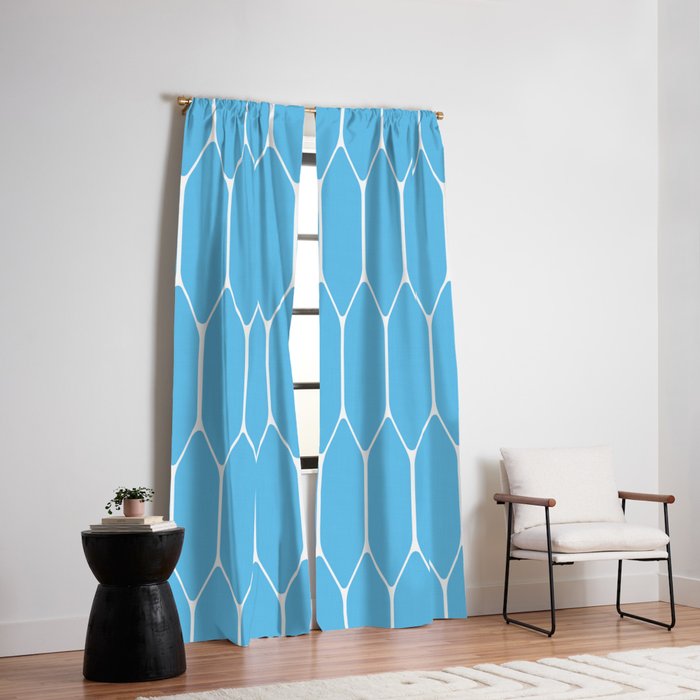 Mid Century Modern Geometric Long Honeycomb Pattern in Blue and White Window Curtain Gallery Image 2
