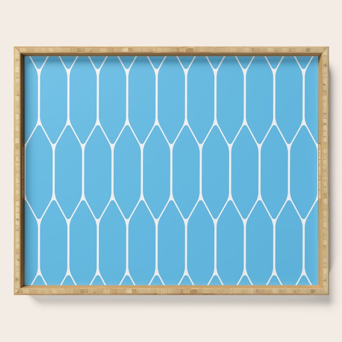 Mid Century Modern Geometric Long Honeycomb Pattern in Blue and White Serving Tray Gallery Image 1