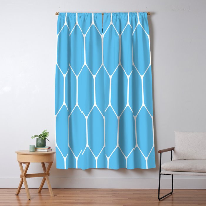 Mid Century Modern Geometric Long Honeycomb Pattern in Blue and White Window Curtain Gallery Image 5