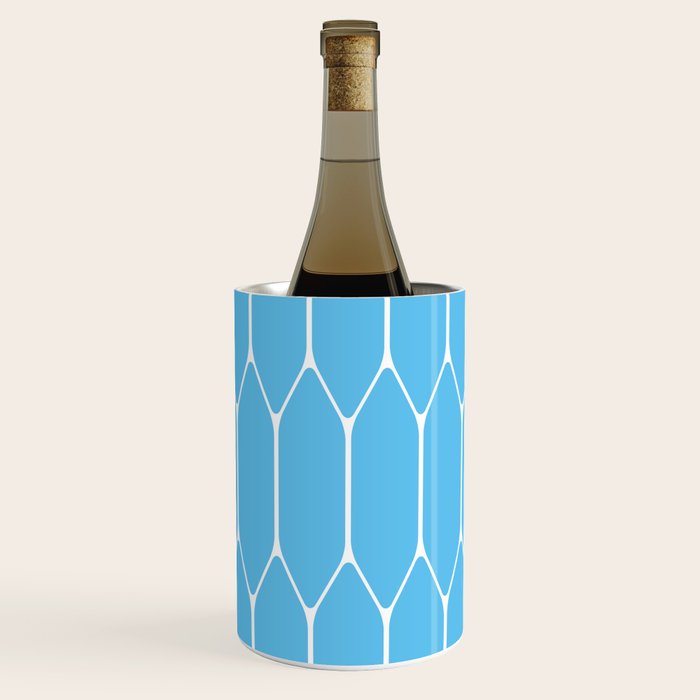Mid Century Modern Geometric Long Honeycomb Pattern in Blue and White Wine Chiller Gallery Image 1