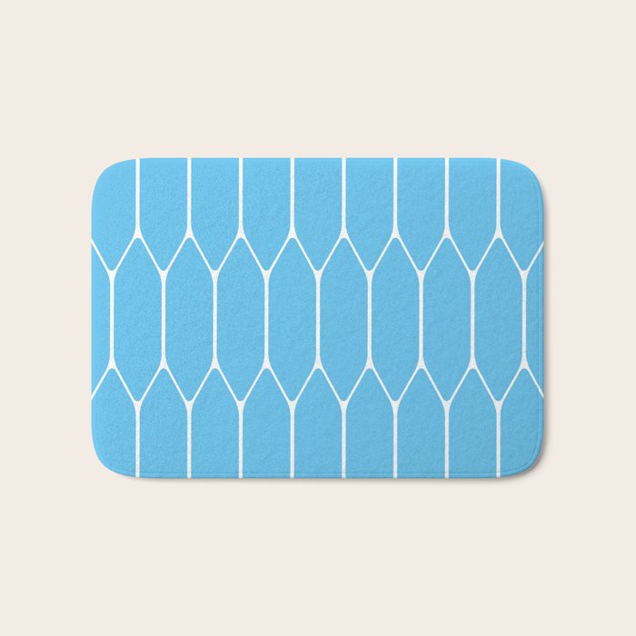 Mid Century Modern Geometric Long Honeycomb Pattern in Blue and White Bath Mat Gallery Image 1
