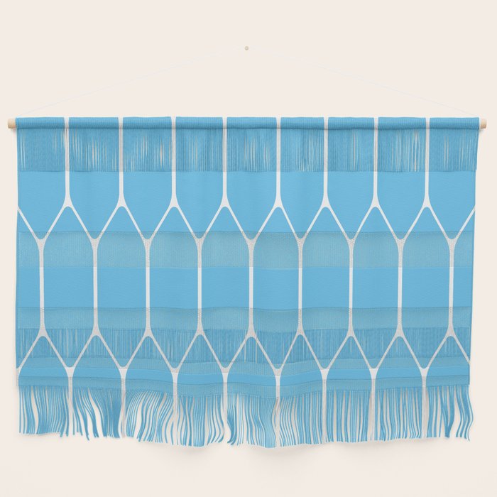 Mid Century Modern Geometric Long Honeycomb Pattern in Blue and White Wall Hanging Gallery Image 1