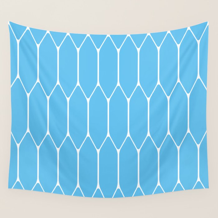 Mid Century Modern Geometric Long Honeycomb Pattern in Blue and White Wall Tapestry Gallery Image 4