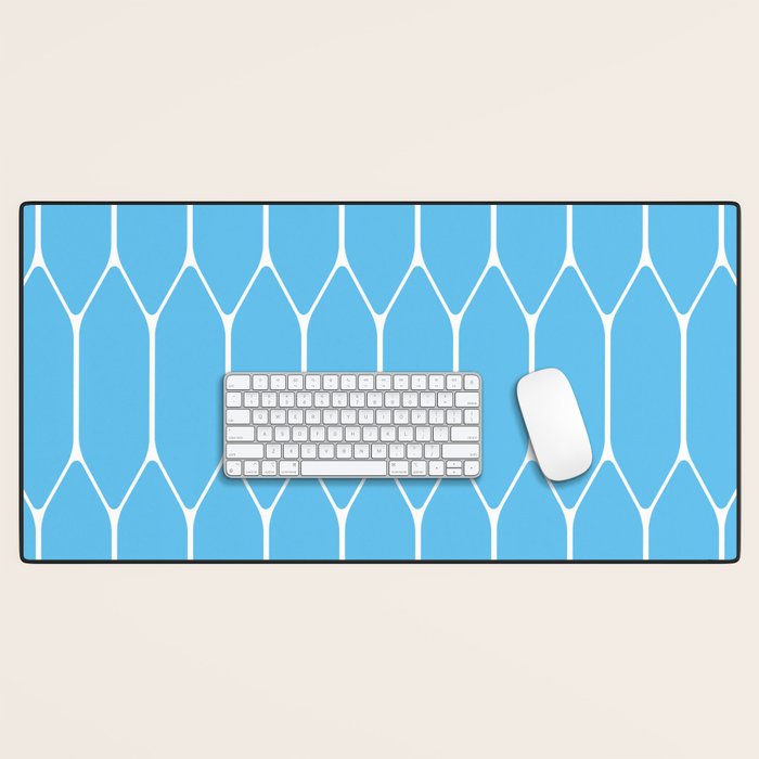 Mid Century Modern Geometric Long Honeycomb Pattern in Blue and White Desk Mat Gallery Image 1