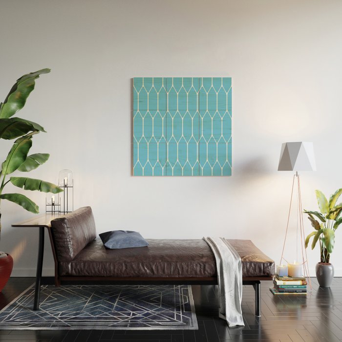 Mid Century Modern Geometric Long Honeycomb Pattern in Blue and White Wood Wall Art Gallery Image 2