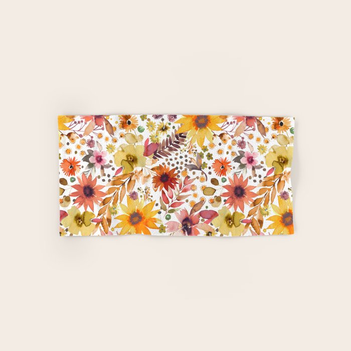 Watercolor Autumn Floral Sunflowers Warm Orange Bath Towel Gallery Image 1