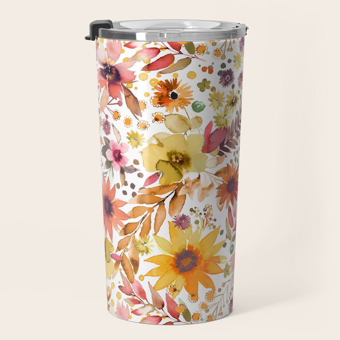 Watercolor Autumn Floral Sunflowers Warm Orange Travel Mug Gallery Image 3