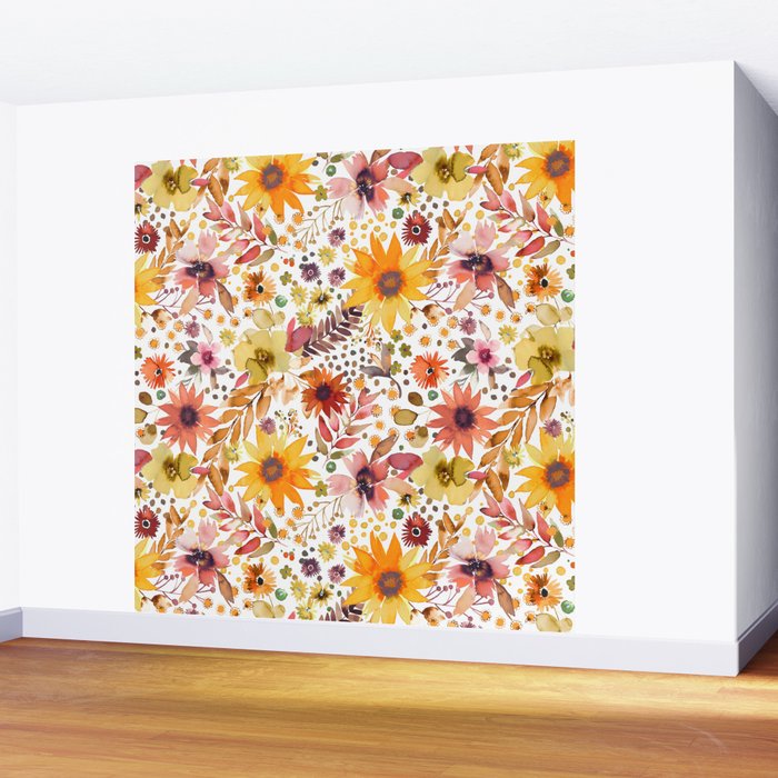 Watercolor Autumn Floral Sunflowers Warm Orange Wall Mural Gallery Image 2