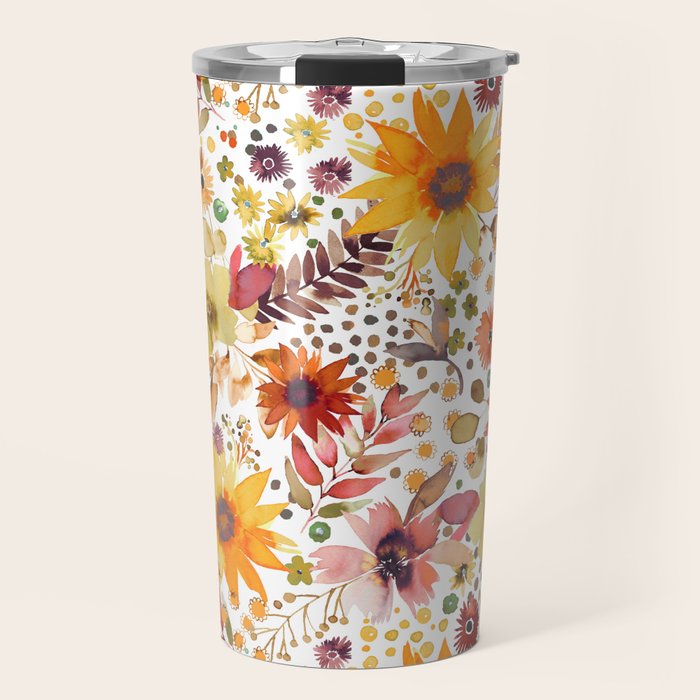 Watercolor Autumn Floral Sunflowers Warm Orange Travel Mug Gallery Image 1