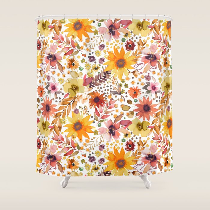 Watercolor Autumn Floral Sunflowers Warm Orange Shower Curtain Gallery Image 1