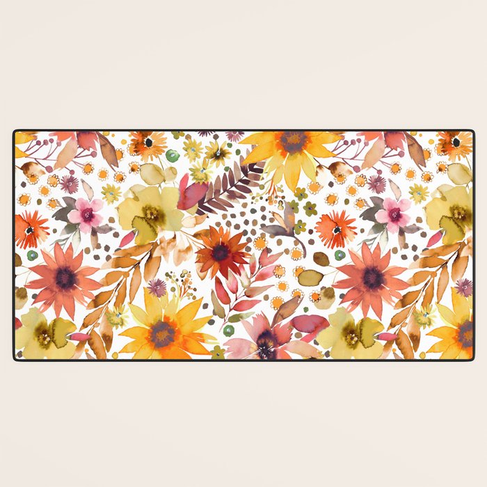 Watercolor Autumn Floral Sunflowers Warm Orange Desk Mat Gallery Image 3