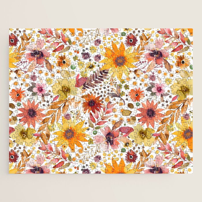 Watercolor Autumn Floral Sunflowers Warm Orange Jigsaw Puzzle Gallery Image 1