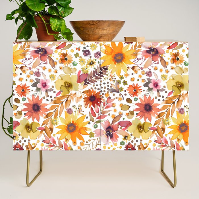 Watercolor Autumn Floral Sunflowers Warm Orange Credenza Gallery Image 1