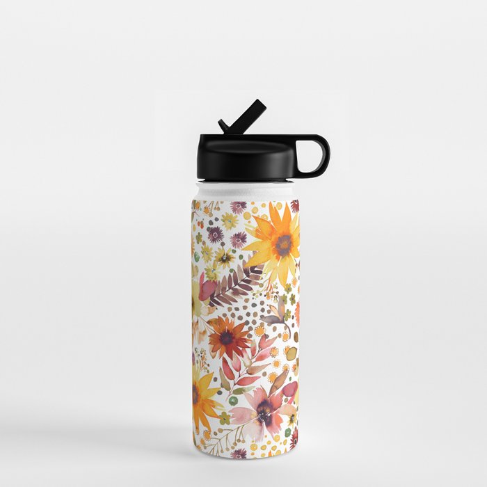 Watercolor Autumn Floral Sunflowers Warm Orange Water Bottle Gallery Image 1