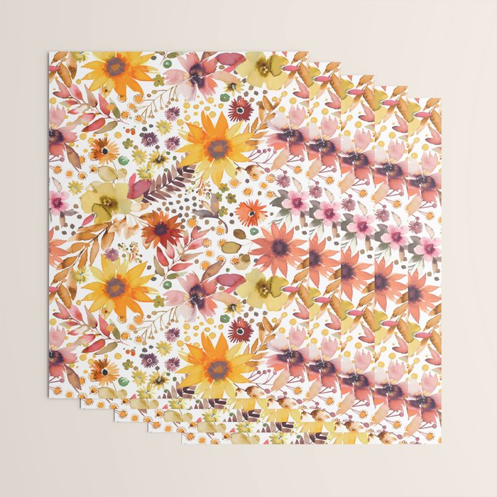 Watercolor Autumn Floral Sunflowers Warm Orange Wrapping Paper Gallery Image 3
