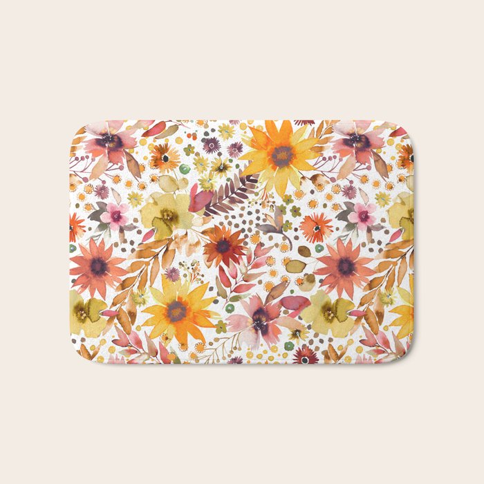 Watercolor Autumn Floral Sunflowers Warm Orange Bath Mat Gallery Image 1