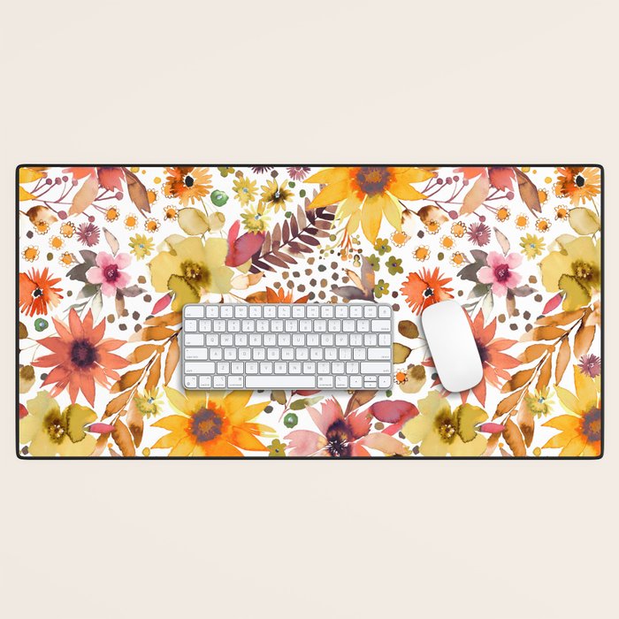 Watercolor Autumn Floral Sunflowers Warm Orange Desk Mat Gallery Image 1
