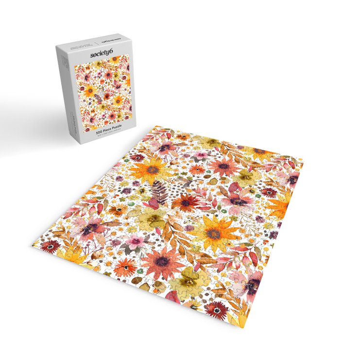Watercolor Autumn Floral Sunflowers Warm Orange Jigsaw Puzzle Gallery Image 2