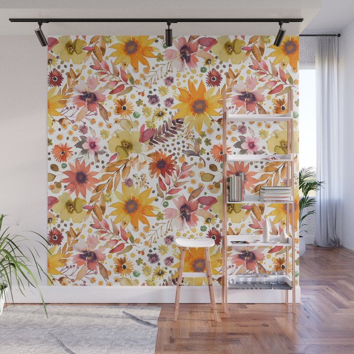 Watercolor Autumn Floral Sunflowers Warm Orange Wall Mural Gallery Image 1