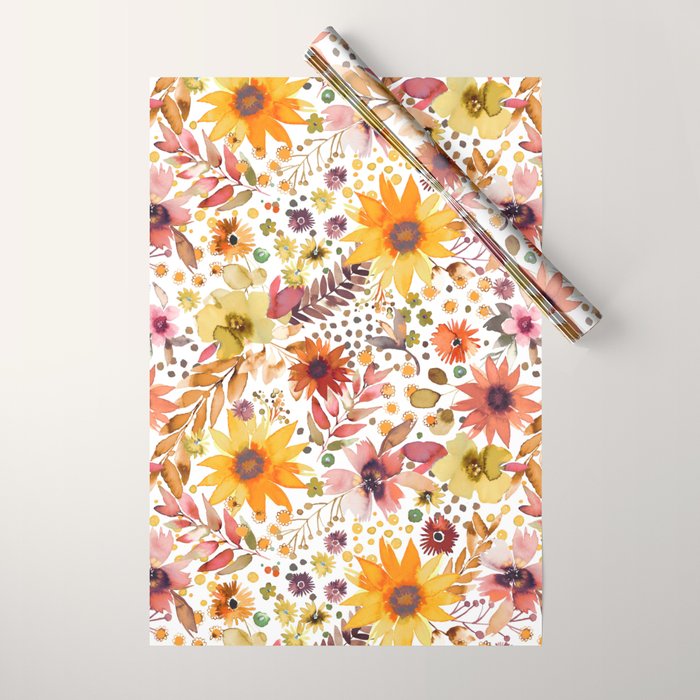 Watercolor Autumn Floral Sunflowers Warm Orange Wrapping Paper Gallery Image 1