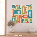 Retro Mid Century Modern Abstract Pattern 921 Googie Orange Chartreuse Turquoise Wall Tapestry Gallery Image 2