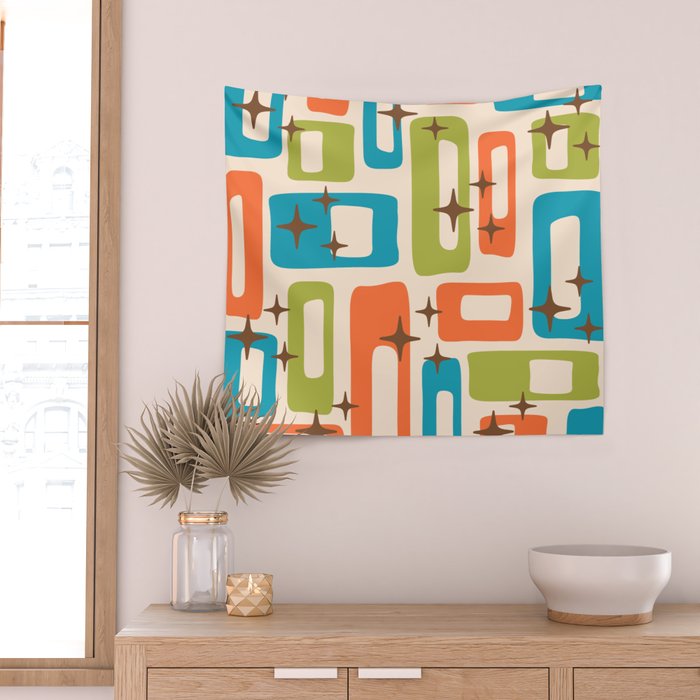 Retro Mid Century Modern Abstract Pattern 921 Googie Orange Chartreuse Turquoise Wall Tapestry Gallery Image 2