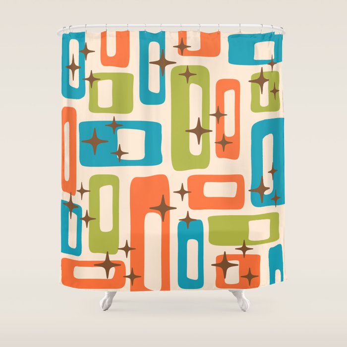 Retro Mid Century Modern Abstract Pattern 921 Googie Orange Chartreuse Turquoise Shower Curtain Gallery Image 1
