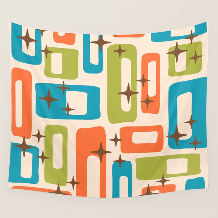 Retro Mid Century Modern Abstract Pattern 921 Googie Orange Chartreuse Turquoise Wall Tapestry Gallery Image 4