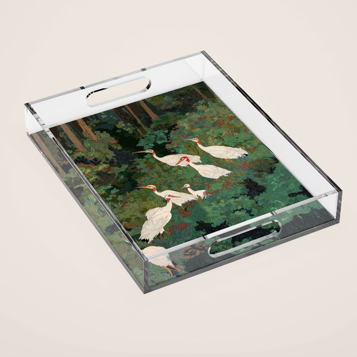 Japandi Wall Art Maximalist japanese chinoiserie Bird wabi sabi green Heron Painting for living room Acrylic Tray Gallery Image 1